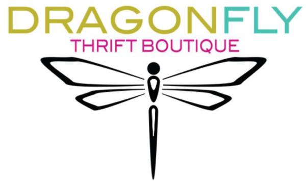 The logo of Dragonfly Thrift Botique, a non-profit organization that accepts clothing donations in Florida.