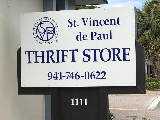 The logo of St. Vincent De Paul Thrift Store, a non-profit organization that accepts clothing donations in Florida.