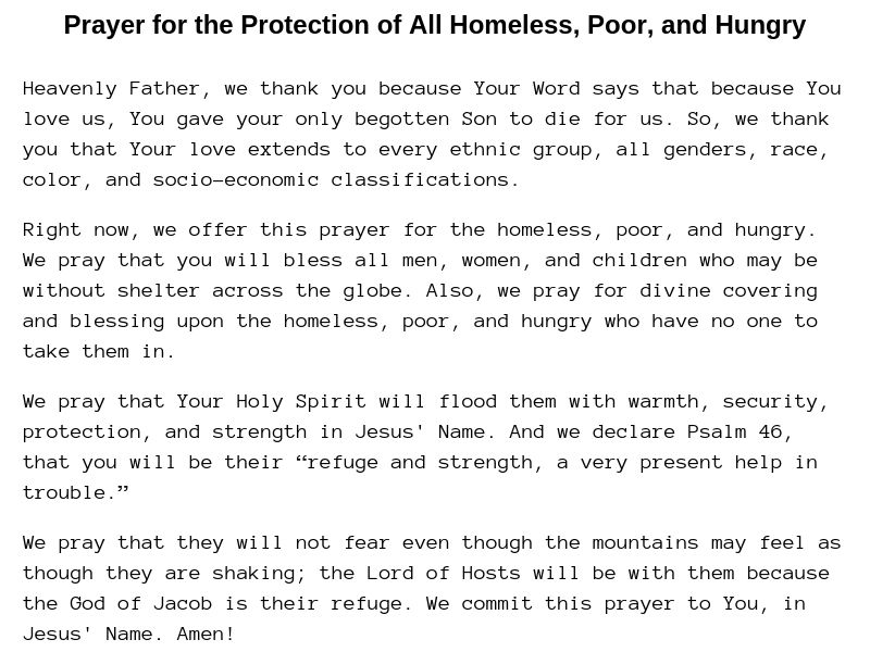 A sample prayer for the homeless, poor and hungry.