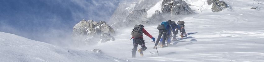 A pack of climbers ascends a mountain.