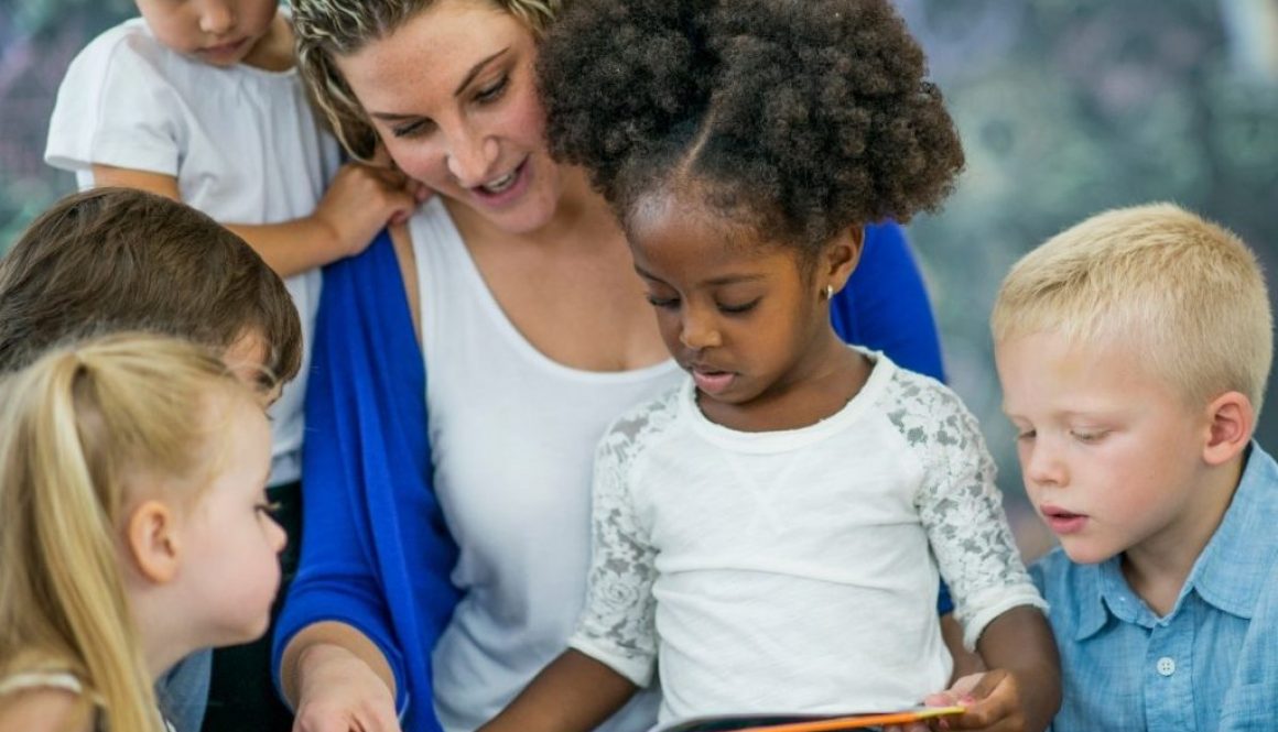 Woman reading bible stories to kids