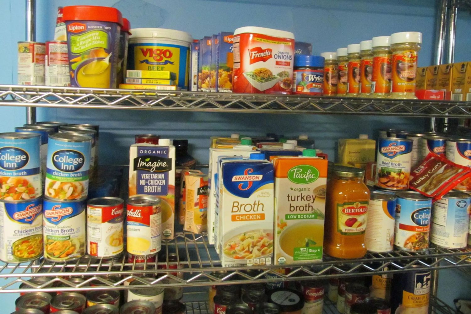 Food donations in the soup kitchen pantry.