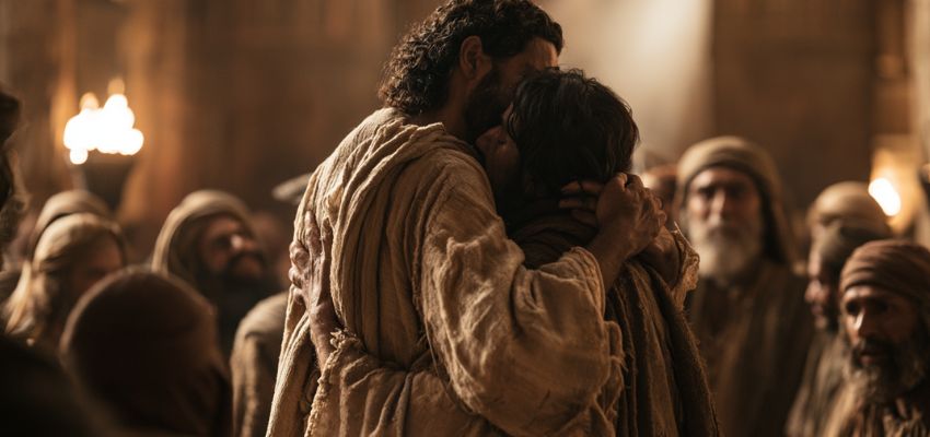 Heartfelt embrace in a biblical scene that reflects powerful bible stories about helping others.