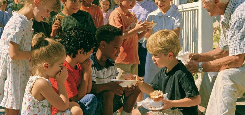 Children and an elder sharing food, inspired by timeless bible stories about helping others.