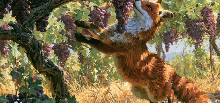 10-lines-short-stories-with-moral (2) Fox reaching for grapes on a vine in a beautiful illustration from 10 lines short stories with moral