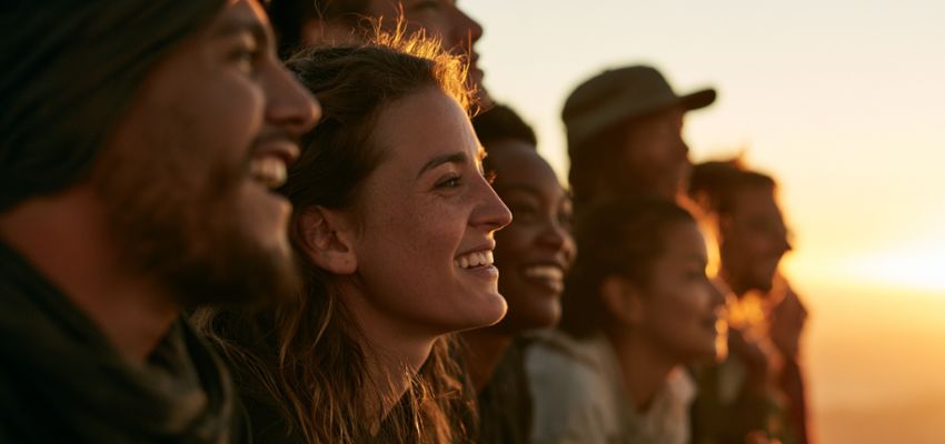 Diverse people gazing forward with warm smiles, reflecting inspirational one words of unity and strength.
