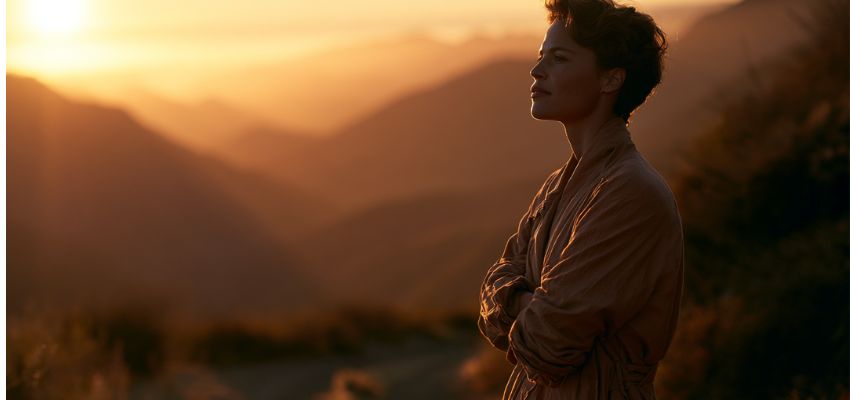 Woman standing confidently with arms crossed, gazing at a golden mountain sunset, embodying positive things to say to yourself.