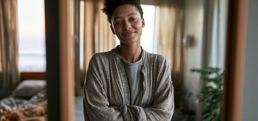 Woman smiling warmly with arms crossed in a serene indoor space, practicing positive things to say to yourself
