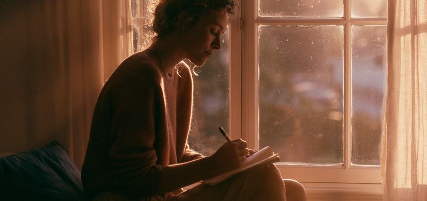 Woman peacefully writing in her notebook by the window, inspired by live in the moment quotes and mindful reflection.