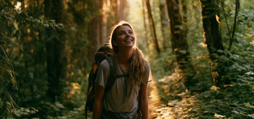 Smiling woman hiking through a sunlit forest, fully present and living by live in the moment quotes.