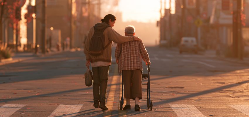quotes-caring-others (1) Young person supporting an elderly individual with a walker on a warm sunset street, evoking quotes caring others