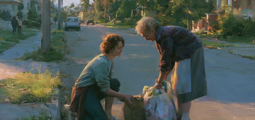 quotes-caring-others (3) Young woman assisting an older lady with groceries on a neighborhood street, representing quotes caring others.