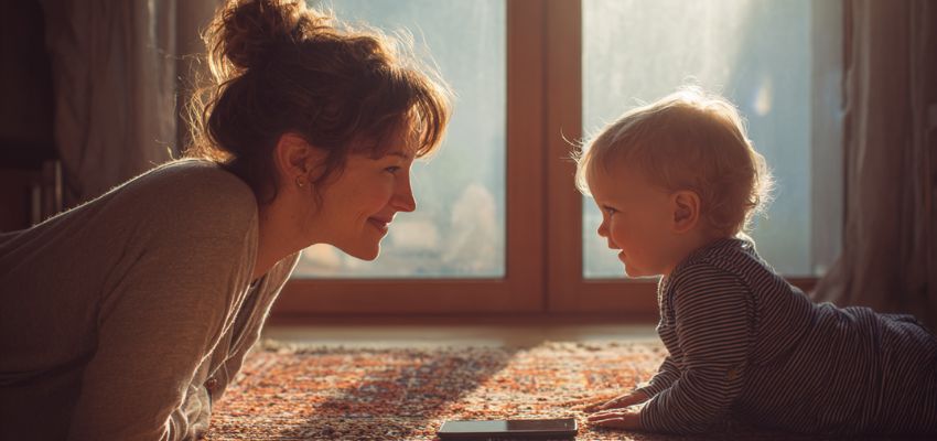 5-ways-of-showing-love-to-one-another2 Tender eye-to-eye connection between mother and baby on the floor, representing one of the 5 ways of showing love to one another through attentive presence and bonding