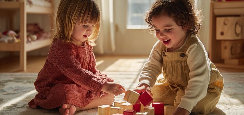 5-ways-of-showing-love-to-one-another3 Two young children happily playing with wooden blocks together, showcasing one of the 5 ways of showing love to one another through joyful shared play and companionship