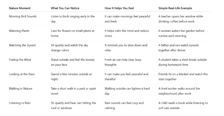 cherish-the-moment-meaning3 Helpful chart highlighting nature moments and how they bring peace, illustrating the deeper cherish the moment meaning in daily life