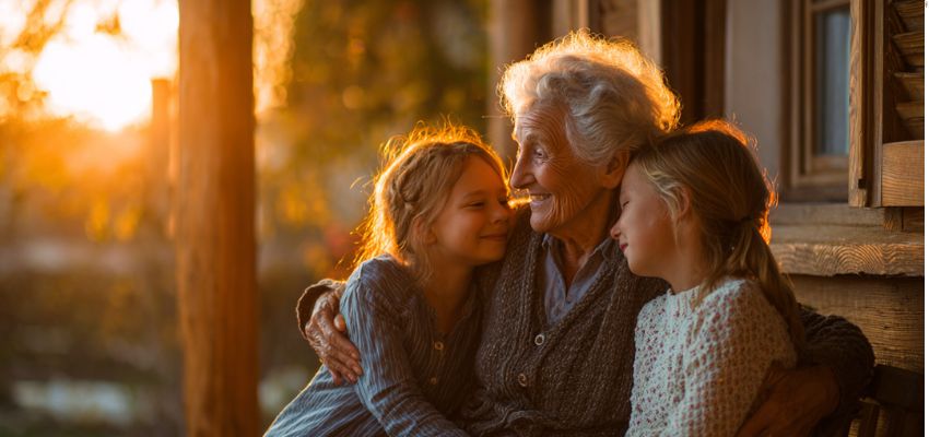 cherish-the-moment-meaning5 Heartwarming embrace of a smiling grandmother with two young girls at golden hour, beautifully representing the cherish the moment meaning and family love