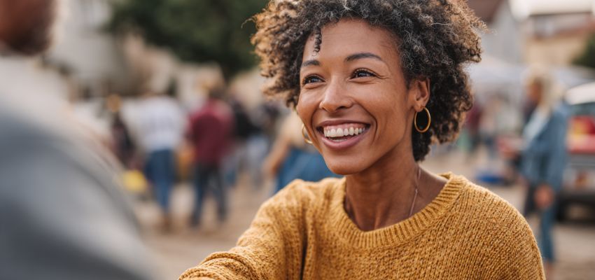 Joyful woman with curly hair smiling with genuine warmth and empathy and caring