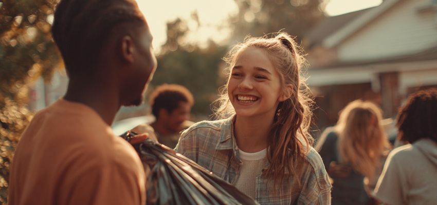 Young woman smiling warmly while helping a man with bags, showing empathy and caring in action