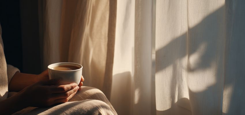 ALT: Person enjoying a warm cup of coffee by the window, evoking peace of mind quotes