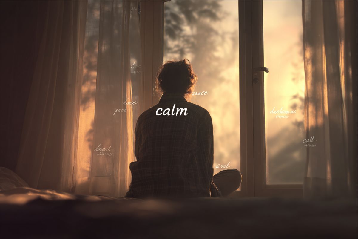 ALT: Person sitting peacefully by the window at sunrise with calm and peace of mind quotes in the air