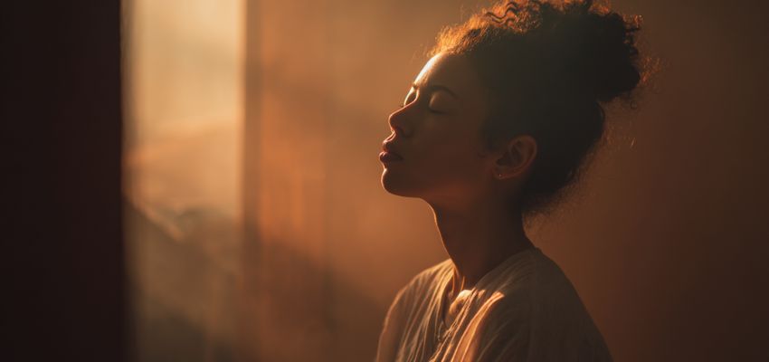 ALT: Woman in serene meditation pose with eyes closed, capturing the essence of peace of mind quotes