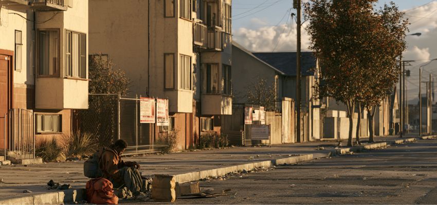 causes-of-homelessness2 Individual resting on a curb in a quiet neighborhood, reflecting key causes of homelessness.